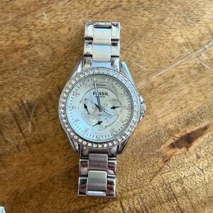Fossil Silver Chronograph Watch with Crystal Bezel
